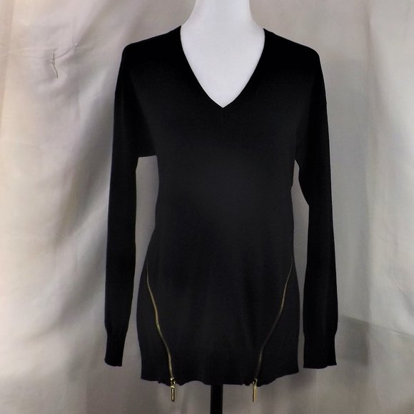 MICHAEL Michael Kors Brown Cotton w Angora Side Zippers V-Neck Sweater Top M - Picture 3 of 15